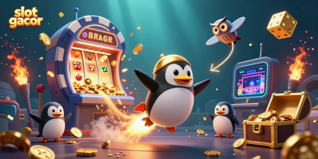 Experience slot gacor thrill with a golden penguin racing towards a casino amid explosions of prizes.
