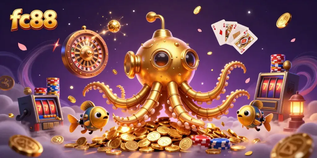 Experience the thrill of fc88 as a golden kraken submarine surfaces amidst a treasure of coins and casino elements.