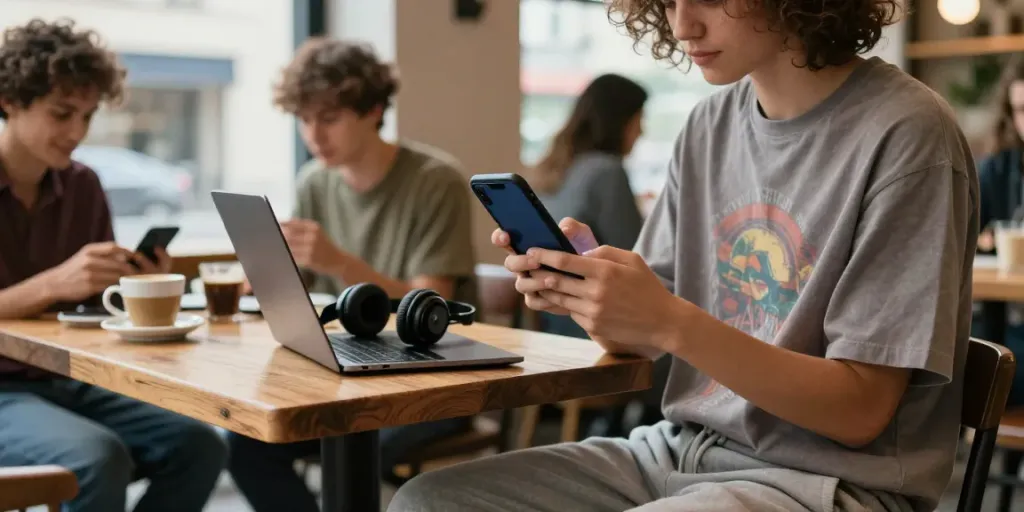 Orang muda menggunakan smartphone untuk mengakses konten bokep di kafe yang nyaman.