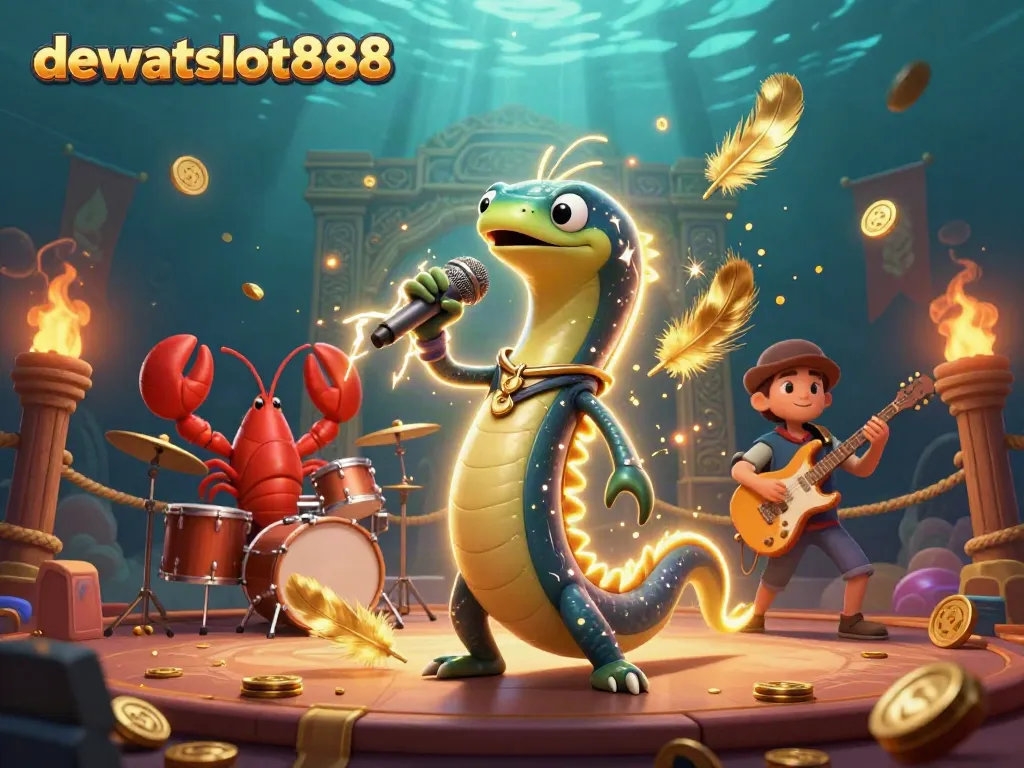 Ilustrasi 3D dewataslot888 dengan listrik, band lobster, dan kuda laut di panggung kasino bawah air.