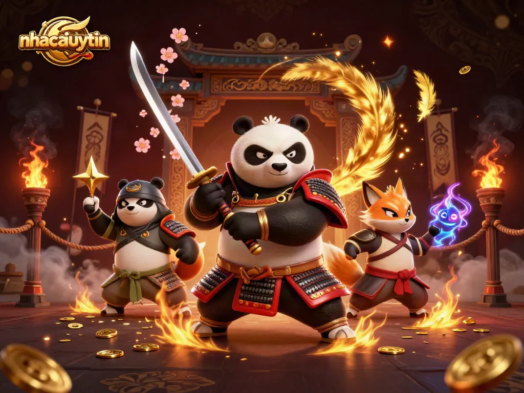 nhacaiuytin showcases a samurai panda and ninja fox in a vibrant casino scene filled with gold coins and dynamic elements.