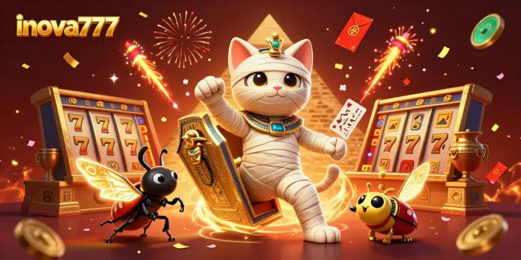 Experience exciting gameplay with inova777 as a cartoon mummy cat bursts from a sarcophagus, surrounded by casino symbols.