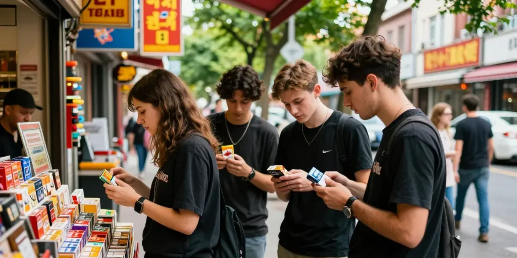Group enjoying cheap cigarettes online Australia in urban setting, vibrant atmosphere and premium brands.