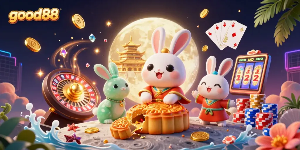 Play at good88's lively casino with a whimsical moon rabbit and dazzling game elements.