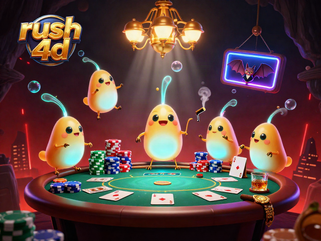 Menangkan permainan rush 4d dengan meja poker dan karakter kasino berwarna cerah.