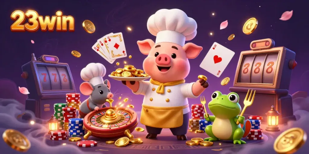 Experience the excitement of 23win casino with a chef pig serving golden coins, as dynamic casino elements create a vibrant scene.