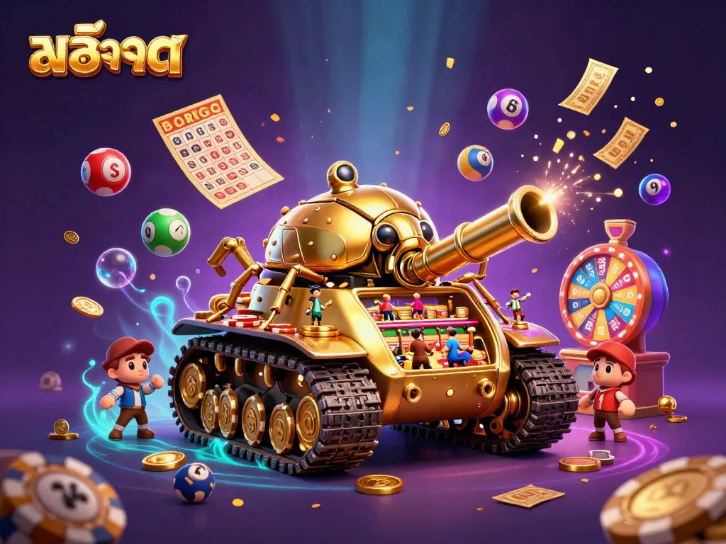 Engage with สล็อต action in a vibrant casino tank revealing games, lively lottery balls, and confetti.