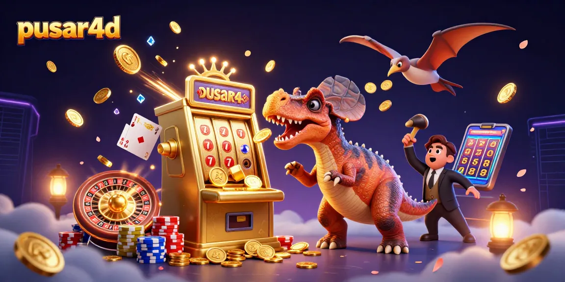 Visualisasi pusar4d yang menarik, menampilkan dinosaurus kartun dan mesin slot, memancing koin emas terbang.