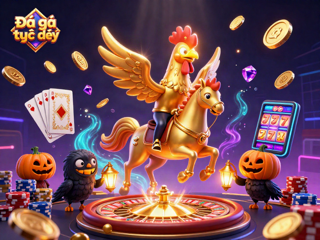 Experience Đá gà trực tiếp with a dynamic scene of a golden rooster in a casino.