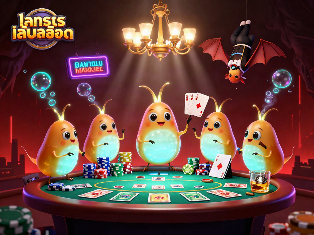 Experience the thrill of ทดลองเล่นสล็อต in a dynamic casino scene filled with glowworms and poker elements.