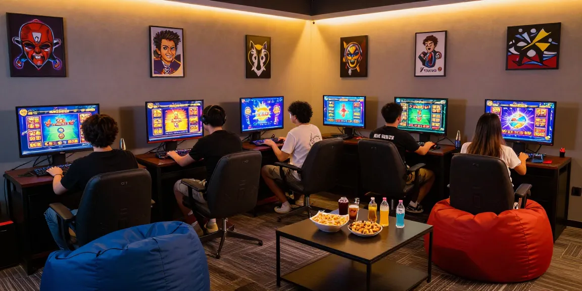 Ruang permainan online yang ceria menampilkan situs slot gacor dengan pemain menikmati permainan.
