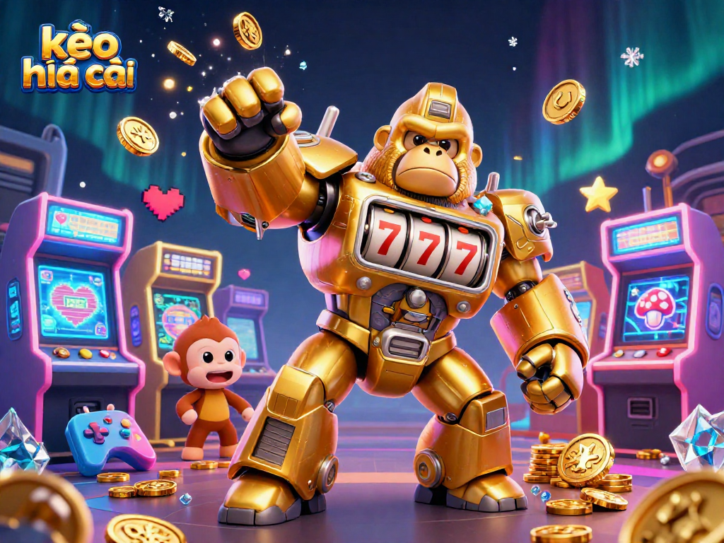 Experience kèo nhà cái with a dynamic golden gorilla mech illustration showcasing exciting gaming elements.
