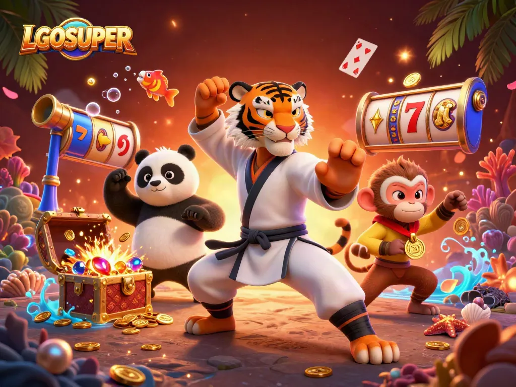 Experience thrilling slots with LGOSUPER featuring a kung fu master, panda disciple, and playful monkey.