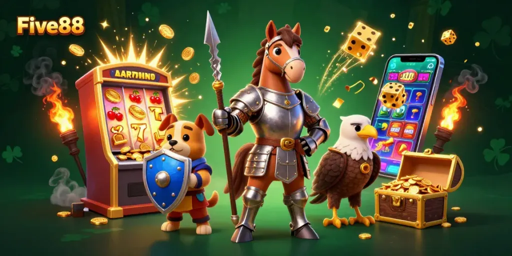 Experience the excitement at Five88 with a knight, squire, and falcon amidst vibrant casino elements.