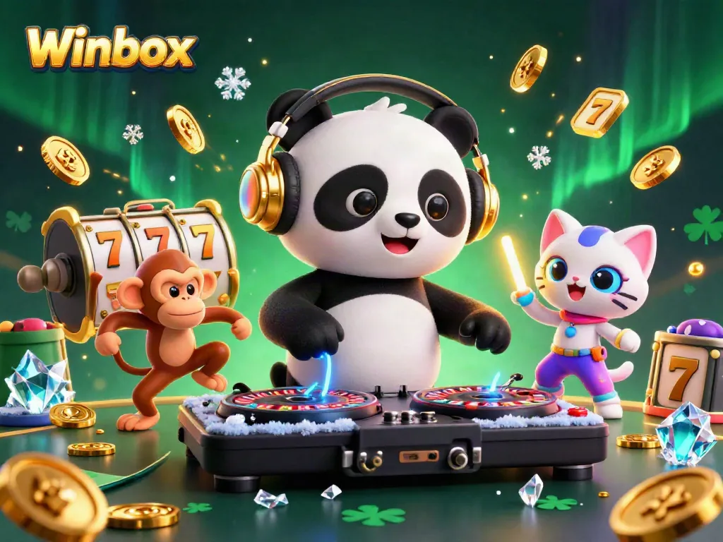 Experience the vibrant excitement of Winbox with a lively DJ panda and a breakdancing monkey in a dynamic casino scene.
