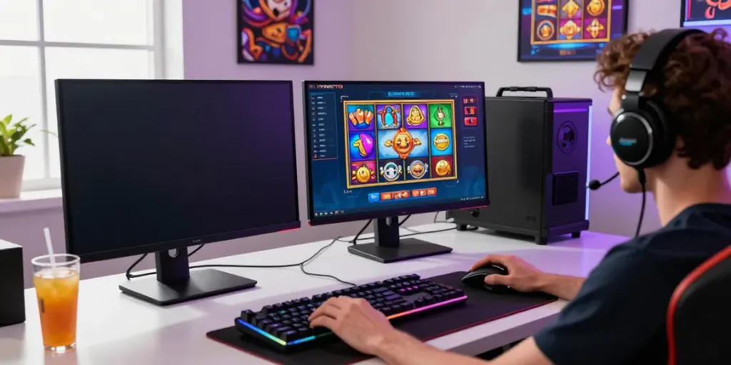 Player engaging with YUME TOTO online gaming setup featuring vibrant visuals and gaming accessories.