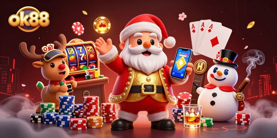 Spin the reels at ok88's vibrant casino with a festive 3D scene featuring Santa and friends.