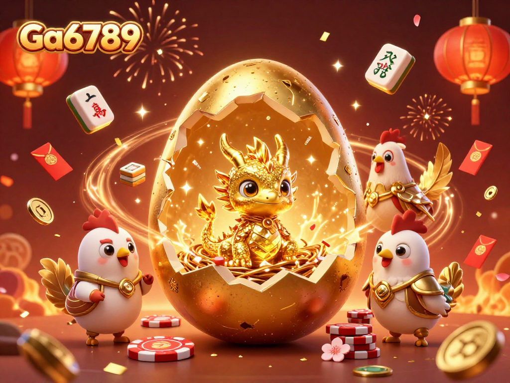 Experience Ga6789's vibrant gaming scene with a golden dragon and festive casino elements.