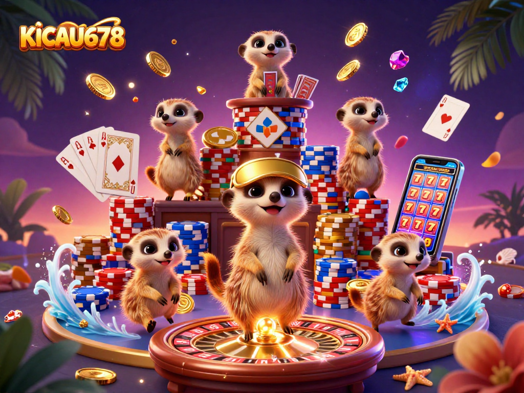 KICAU678 offers an immersive casino experience featuring cartoon meerkats managing games like roulette and poker chips.