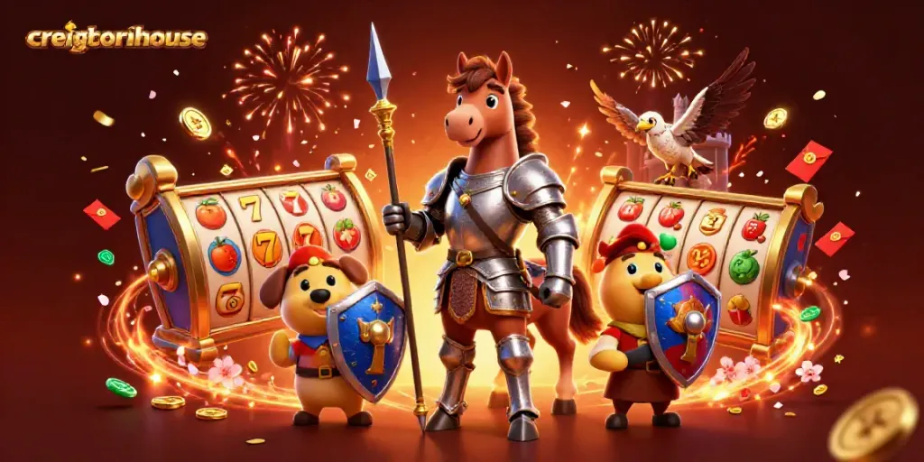 Experience the excitement at creightonhouse with a knight, squire puppy, and falcon in a colorful casino-themed scene.