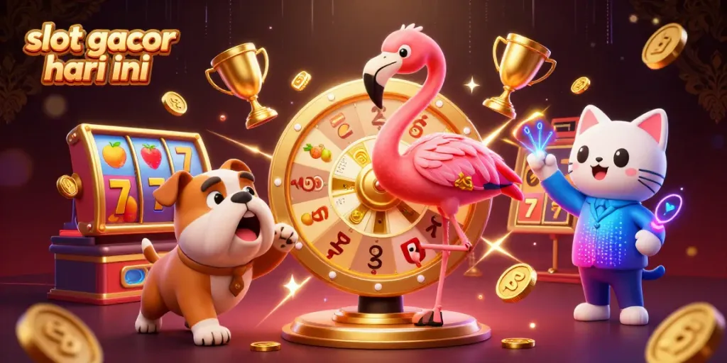Engage with slot gacor hari ini excitement in a vibrant 3D casino scene featuring lively characters and abundant gaming elements.