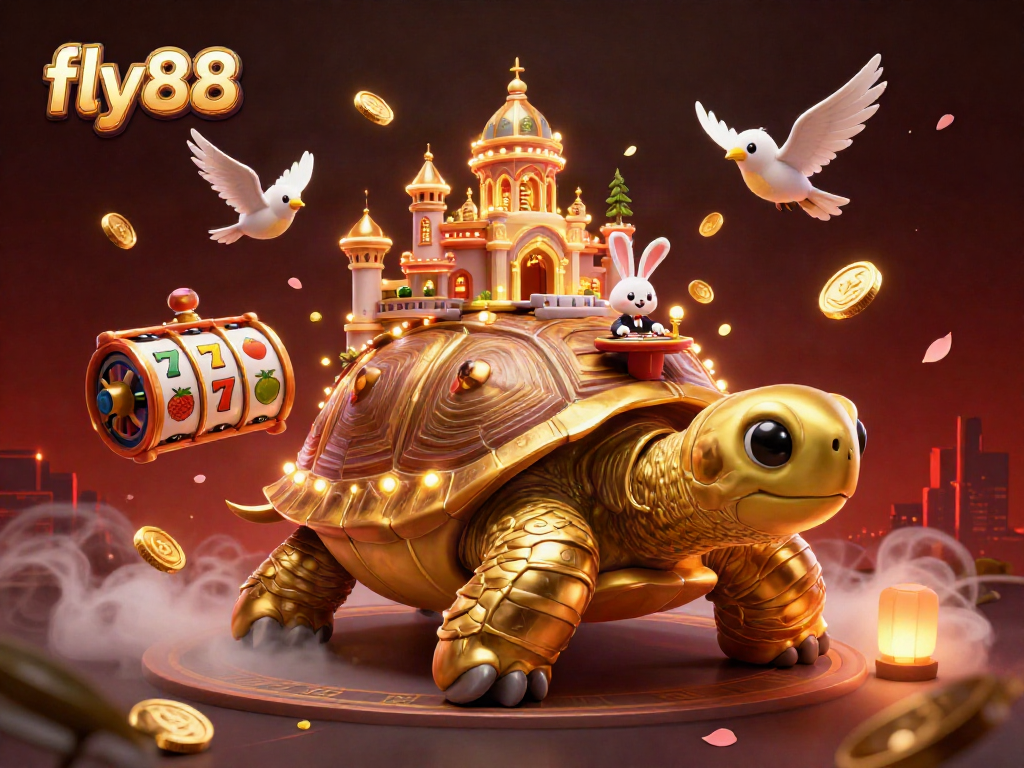 Play slots at fly88 with a vibrant casino scene featuring a tortoise and a rabbit dealer.