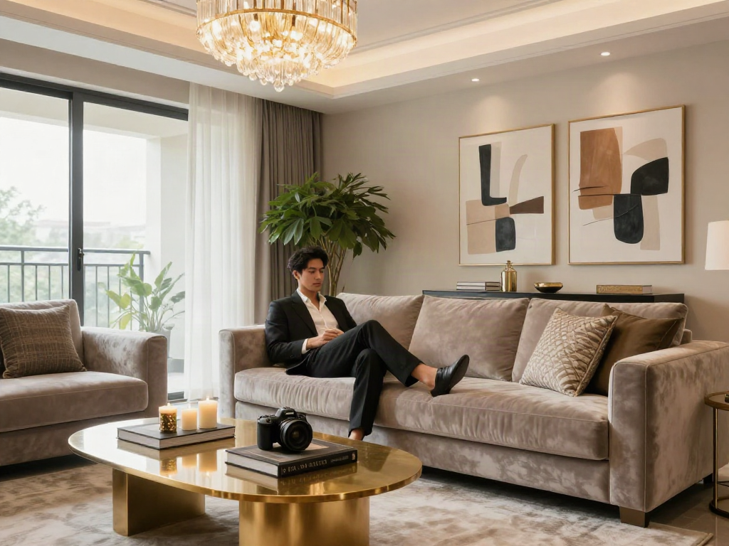 Interior mewah dengan desain modern luxury111, individu santai di sofa beludru di ruang tamu yang elegan.
