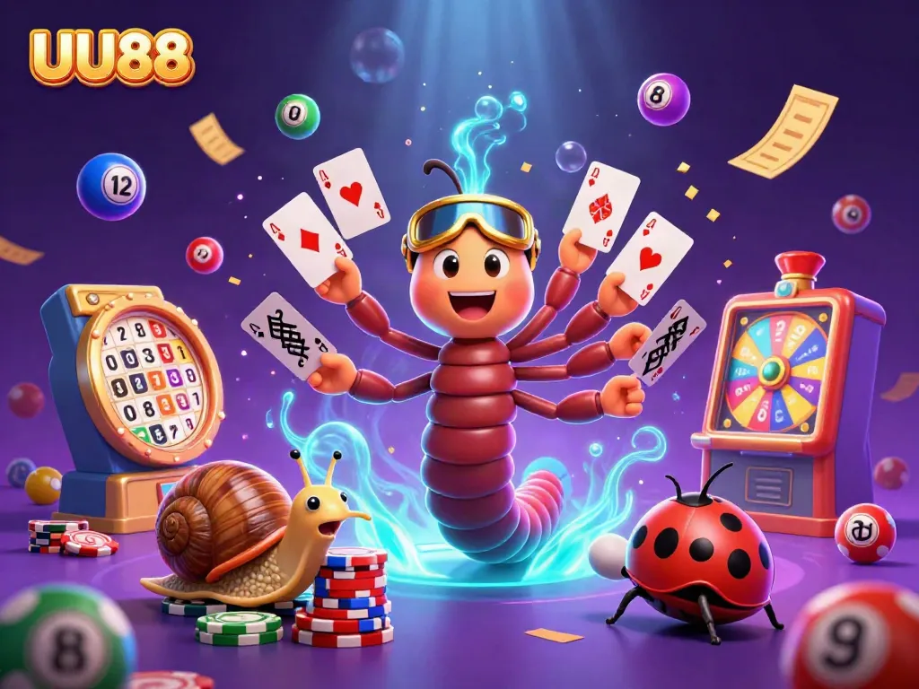 Experience the lively atmosphere at UU88 with a cartoon dealer, vibrant lottery balls, and a golden prize wheel.