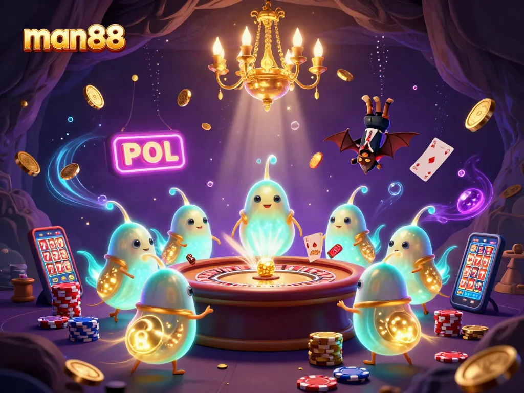 Experience the excitement of man88 with animated glowworms lighting a vibrant casino scene.