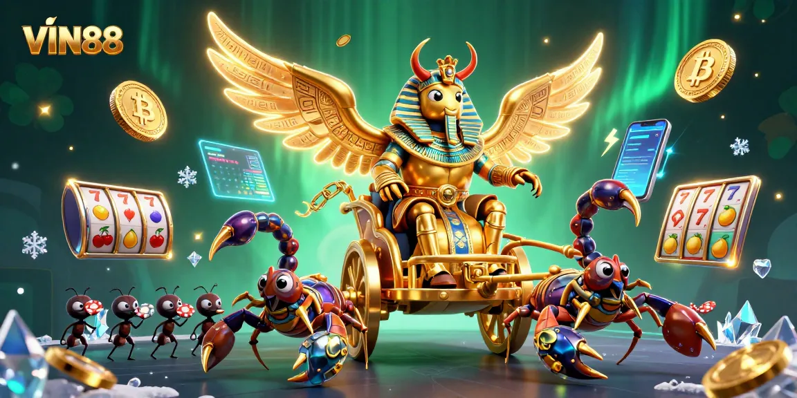 Experience thrilling action with VIN88 featuring a colossal golden scarab beetle and vibrant slot elements.