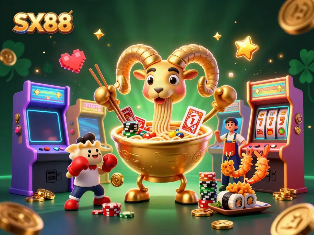SX88 features a dynamic scene with cartoon characters playing casino games amidst vibrant game elements.