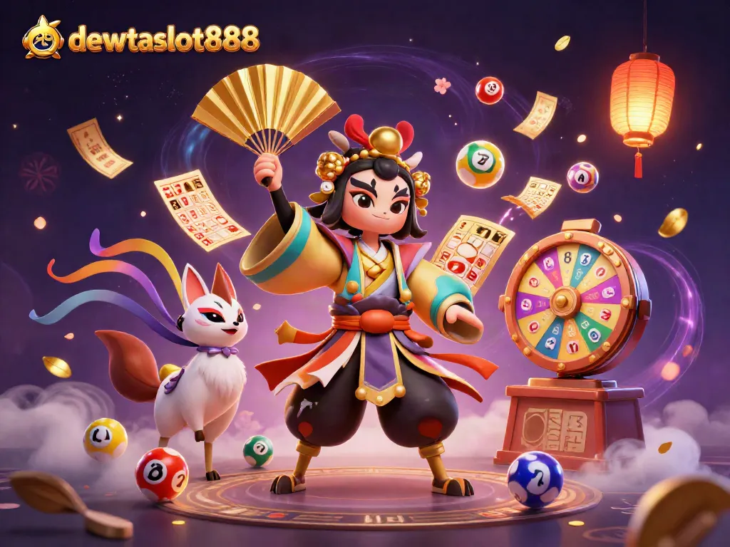 Permainan kartu remi di dewataslot888 dengan kabuki warrior dan elemen berwarna-warni.