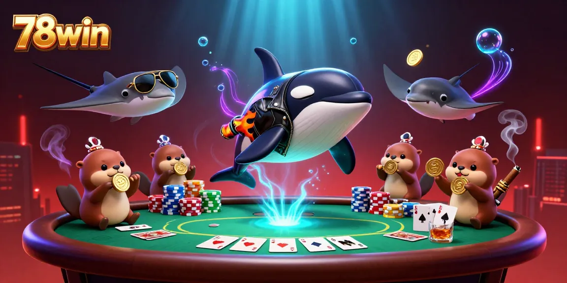 Join 78win's thrilling gaming scene with a jumping orca, vibrant poker action, and golden sea otters.