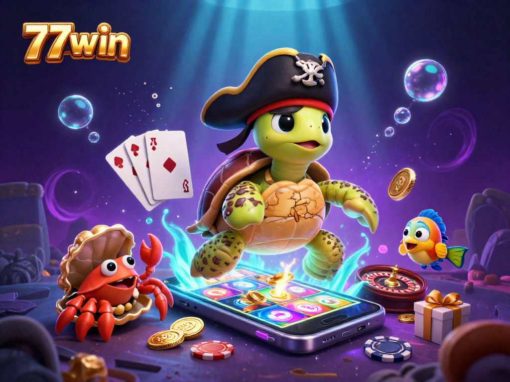 Join the 77win adventure with a pirate turtle and friends playing exciting casino games.