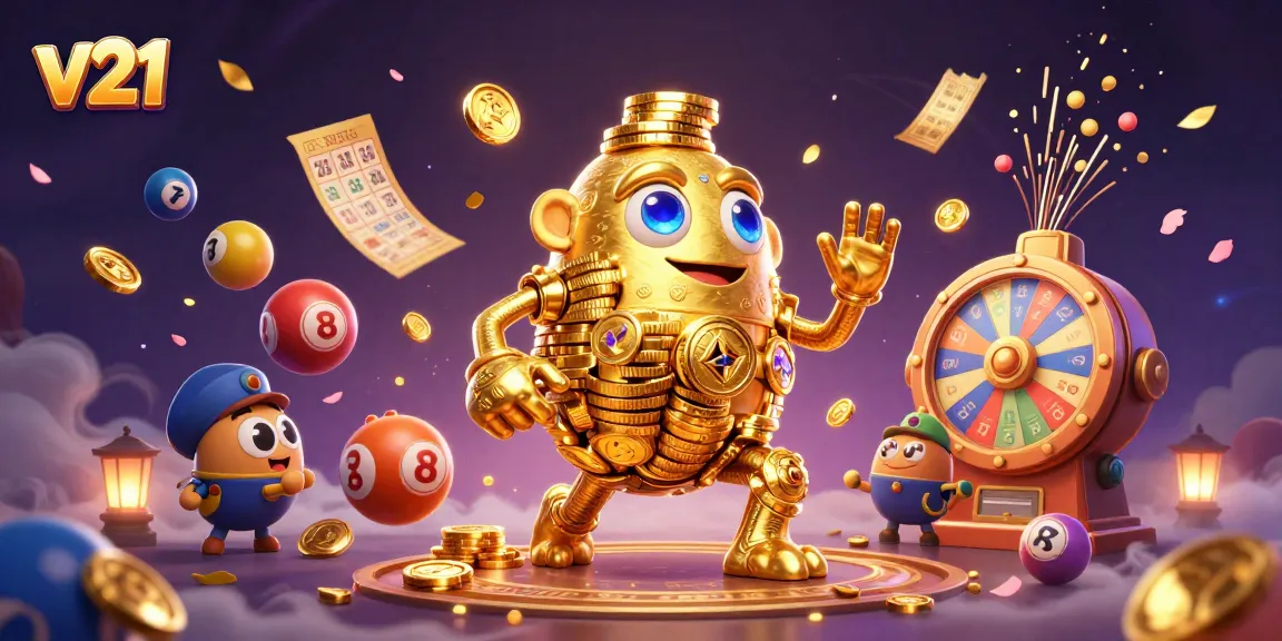 Gambarlah pengalaman bermain slot yang meriah dengan v21, di mana simbol mesin slot dan koin emas berputar.