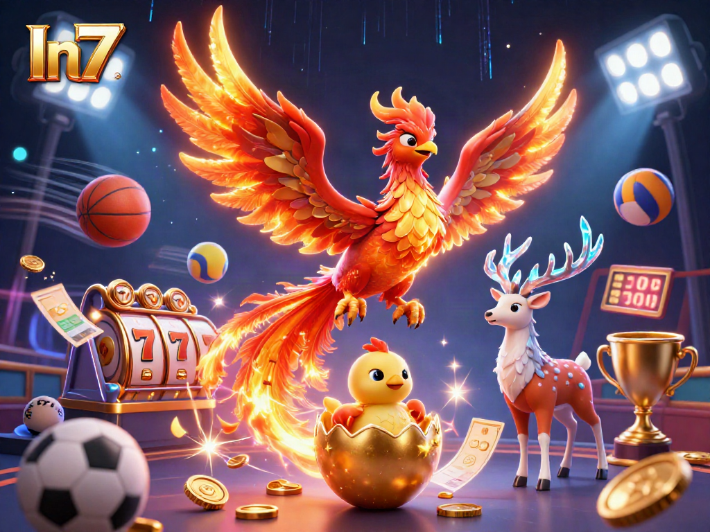 Experience In7 gaming with dynamic 3D illustration featuring mythical creatures and vibrant casino elements.