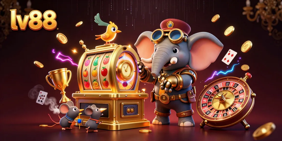 Experience exciting slots at lv88 with a steampunk elephant operating a golden slot machine in a vibrant casino scene.