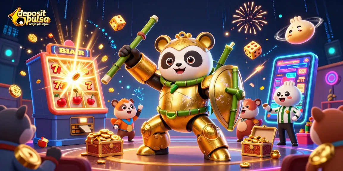 Engage with deposit pulsa tanpa potongan in an exciting 3D casino scene featuring vibrant characters and elements.