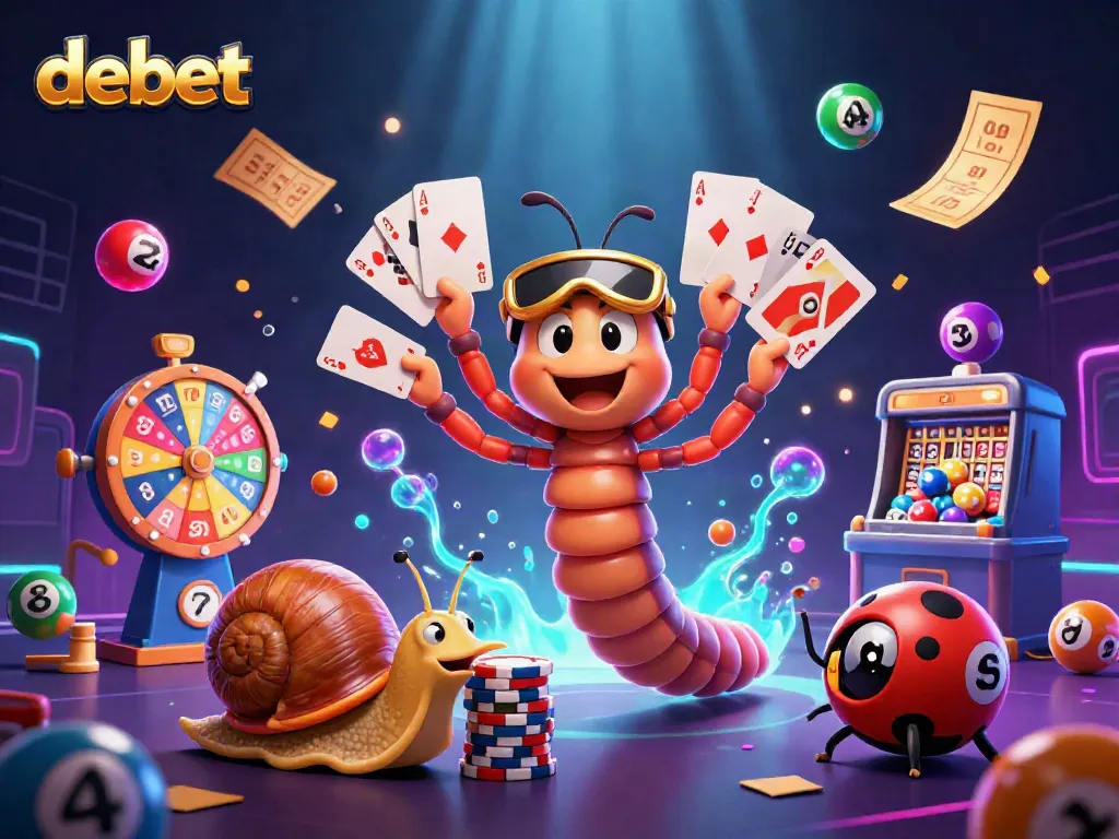 Experience debet casino excitement in a vibrant 3D illustration filled with dynamic game elements.