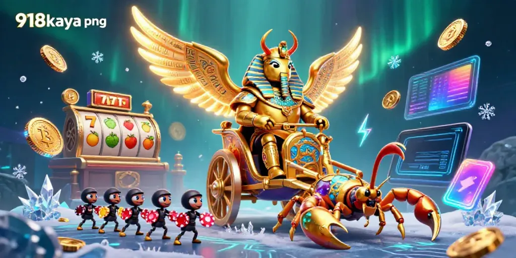 Experience thrilling 918kaya png moments with a dynamic scene featuring slots and jackpots amidst a whimsical chariot and crypto elements.