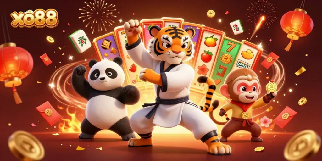 Experience excitement at xo88 with a kung fu tiger master, slot reels, and joyful celebrations
