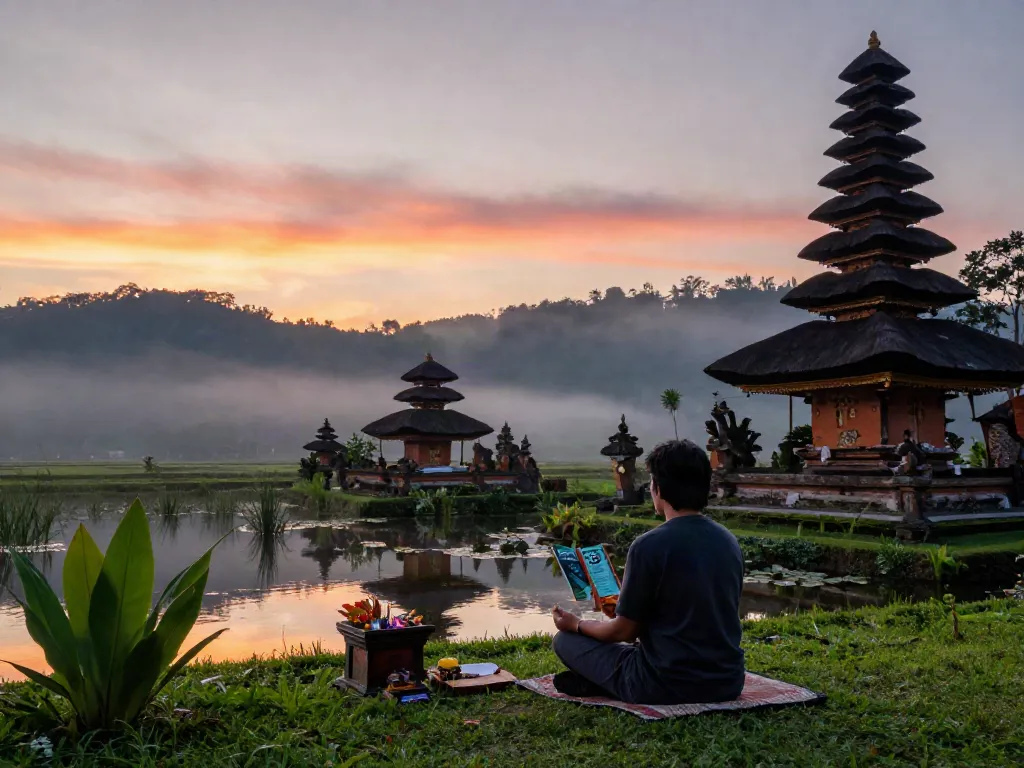 Pribadi merenung dengan buku "Buku Mimpi 138" di alam Bali, menunjukkan ketenangan dan refleksi.
