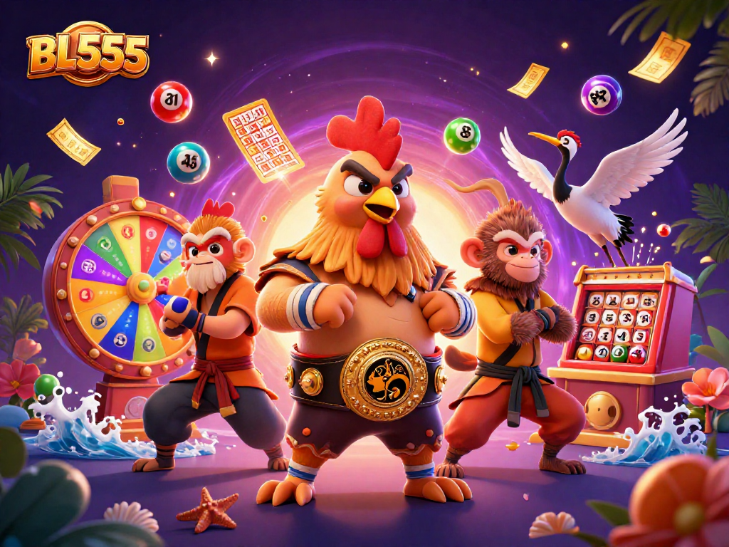 Engage with thrilling Muay Thai rooster, Shaolin monkey, and crane master at BL555 lottery scene.