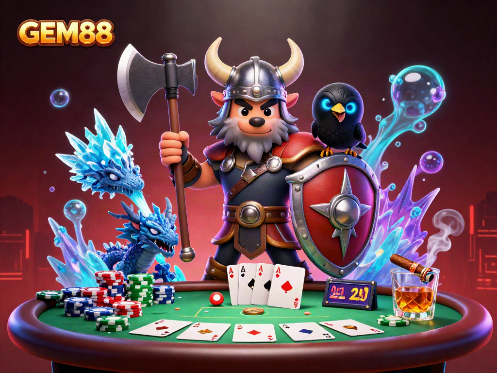 Engage with GEM88 opportunities in a vibrant Viking-themed casino scene featuring dynamic poker elements.