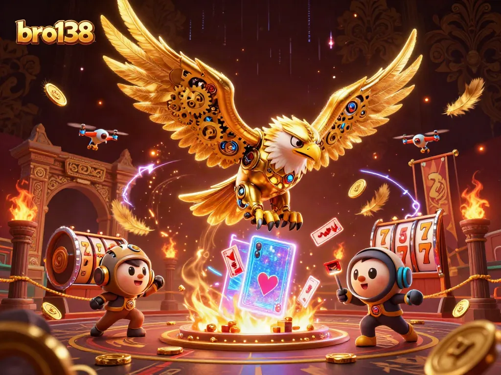 Bro138 showcases a stunning casino scene with a cybernetic eagle amidst cascading playing cards and slot reels.