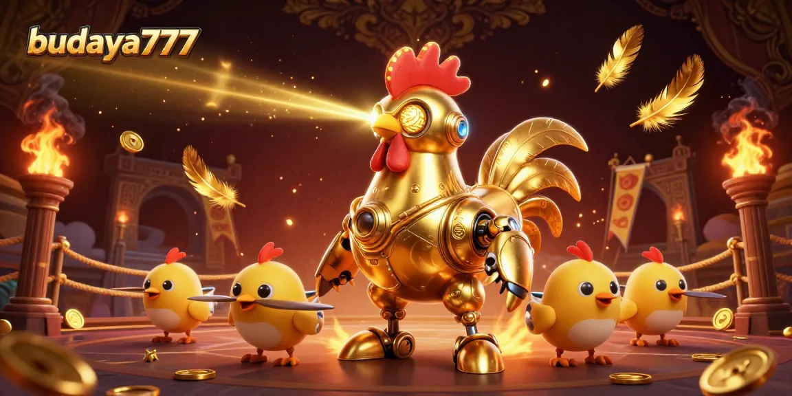 Bermain di Budaya777 dengan robot ayam emas futuristik dan drone, dikelilingi unsur kasino yang ceria.