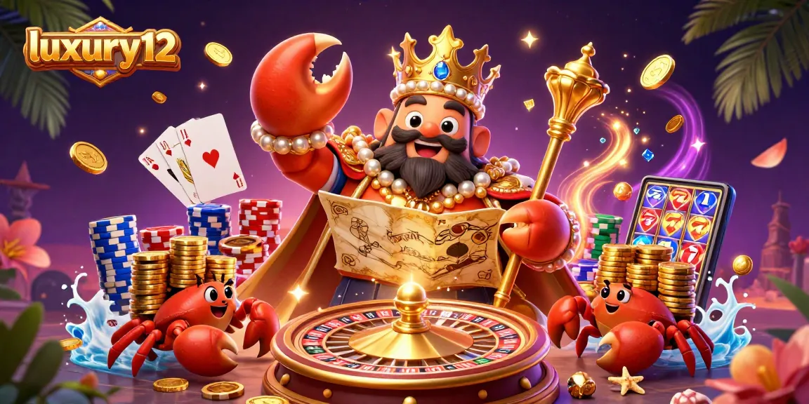 Experience luxury12 with a vibrant 3D casino scene featuring a golden crab emperor surrounded by a roulette wheel and poker elements.