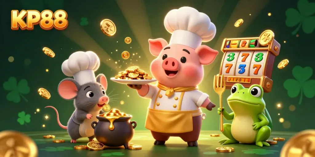 Experience KP88’s dynamic gaming scene with a chef pig serving gold coins amidst slot game elements.