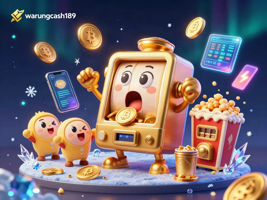 Experience the excitement of warungcash189 with slot machines and crypto elements in this vibrant 3D scene.