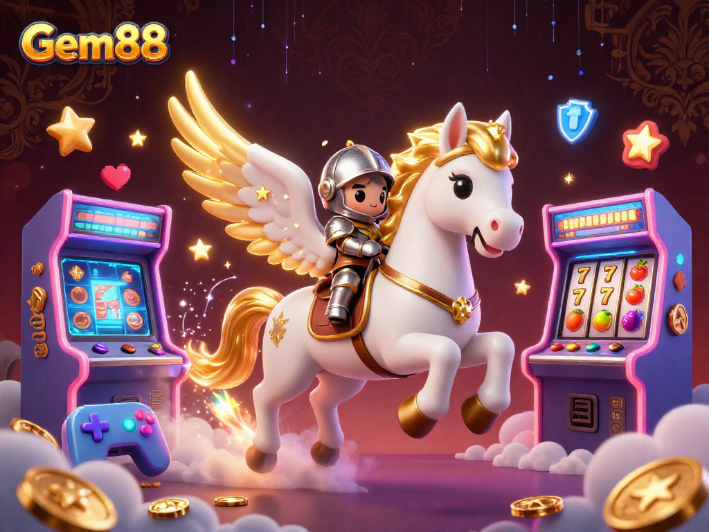 Experience the excitement of Gem88 with a magical scene featuring a celestial horse and knight amidst vibrant casino elements.